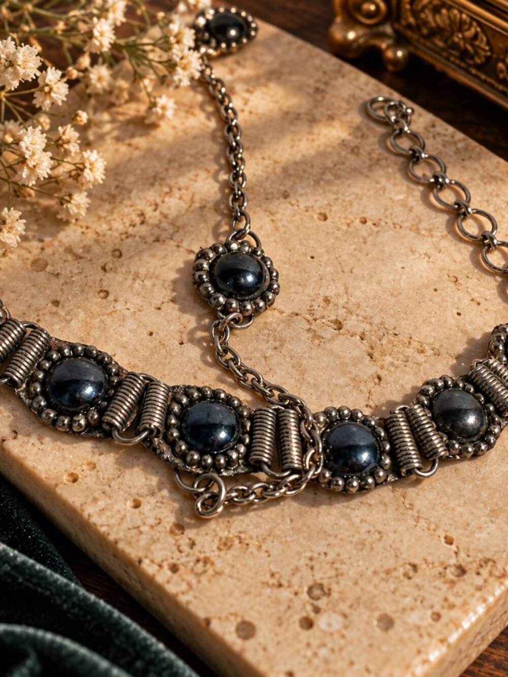 Vintage Silver Tone Hematite Cabochon Slave Bracelet Ring Hand Chain